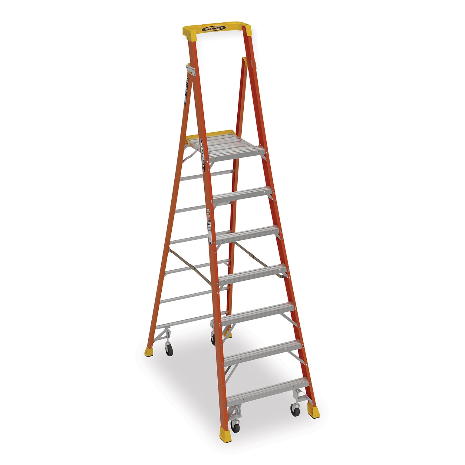 Werner 13 ft. Fiberglass Platform Ladder with Casters, 300 lbs. Capacity (PD6207-4C)