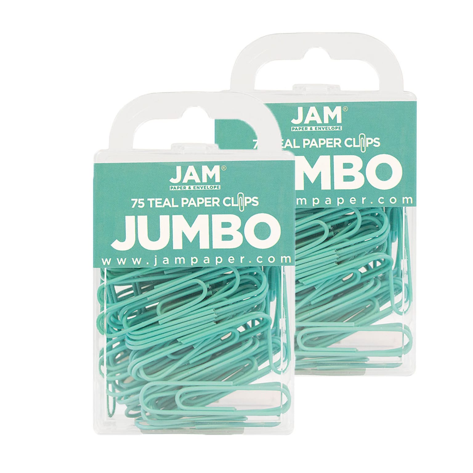 JAM Paper® Colored Jumbo Paper Clips, Large 2 Inch, Teal Paperclips, 2 Packs of 75 (21832065a)