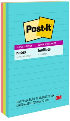 Post-it Super Sticky Notes, 4 x 6, Supernova Neons, Lined, 90 Sheets/Pad, 3 Pads/Pack (660-3SSMIA)