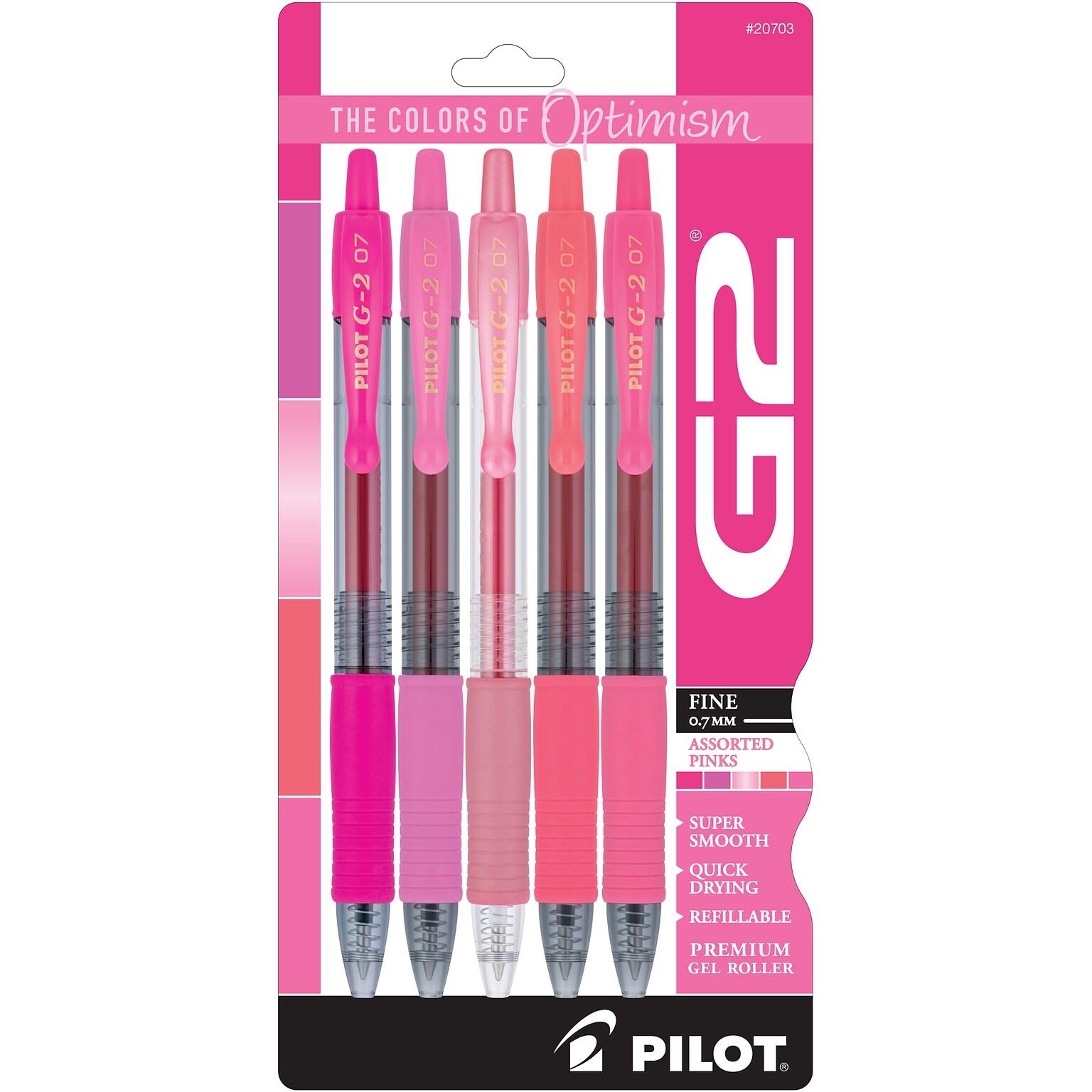 Pilot G2 Pinks Pinks Retractable Gel Pen, Fine Point, 0.7mm, Assorted Ink, 5/Pack (XPO30001)
