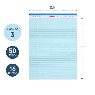 Roaring Spring Paper Products Enviroshades Notepad, 8.5" x 11.75", Wide Ruled, Blue, 50 Sheets/Pad, 3 Pads/Pack (74123)