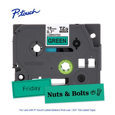 Brother P-touch Laminated Label Tape, ~3/4" x 26.2', Black on Green (TZe741)