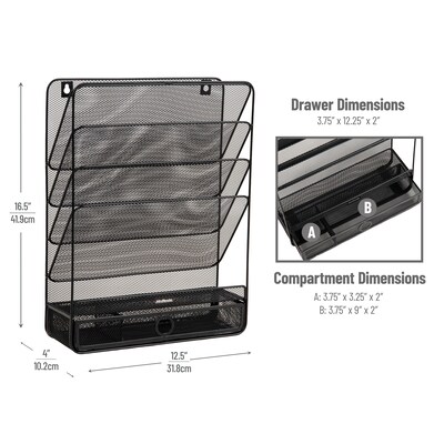 Mind Reader 4-Pocket Metal Wall Mount File Storage Desk Organizer, Black (MAGROUND-BLK)