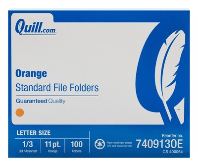 Quill Brand® File Folders, Assorted Tabs, 1/3-Cut, Letter Size, Orange, 100/Box (740913OE)