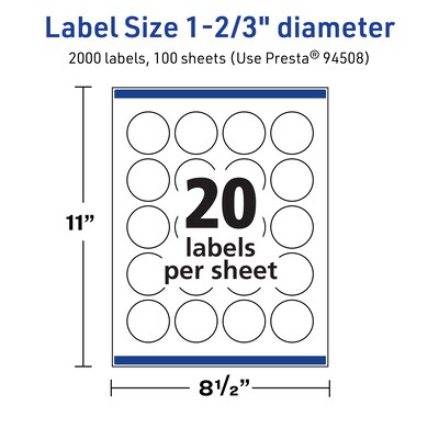 Avery TrueBlock Laser/Inkjet Circle Multipurpose Labels, 1-2/3" Dia., White, 2000/Box (94508)