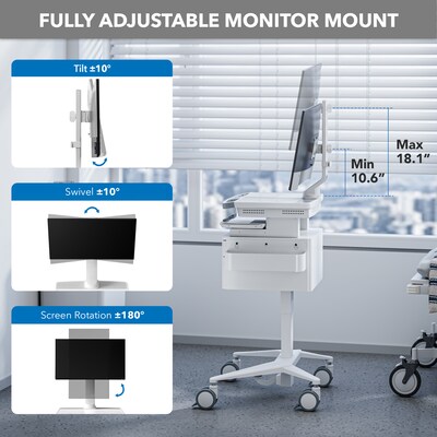 Mount-It! MedHub Mobile Medical Cart Workstation with Drawers, Monitor Mount, and Locking Caster Wheels, White/Grey (MI-16025)
