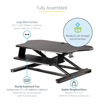 StarTech Adjustable Large Surface Corner Sit Stand Desk Converter for Dual Monitors, Keyboard Tray, 35" x 21" (ARMSTSCORNR)