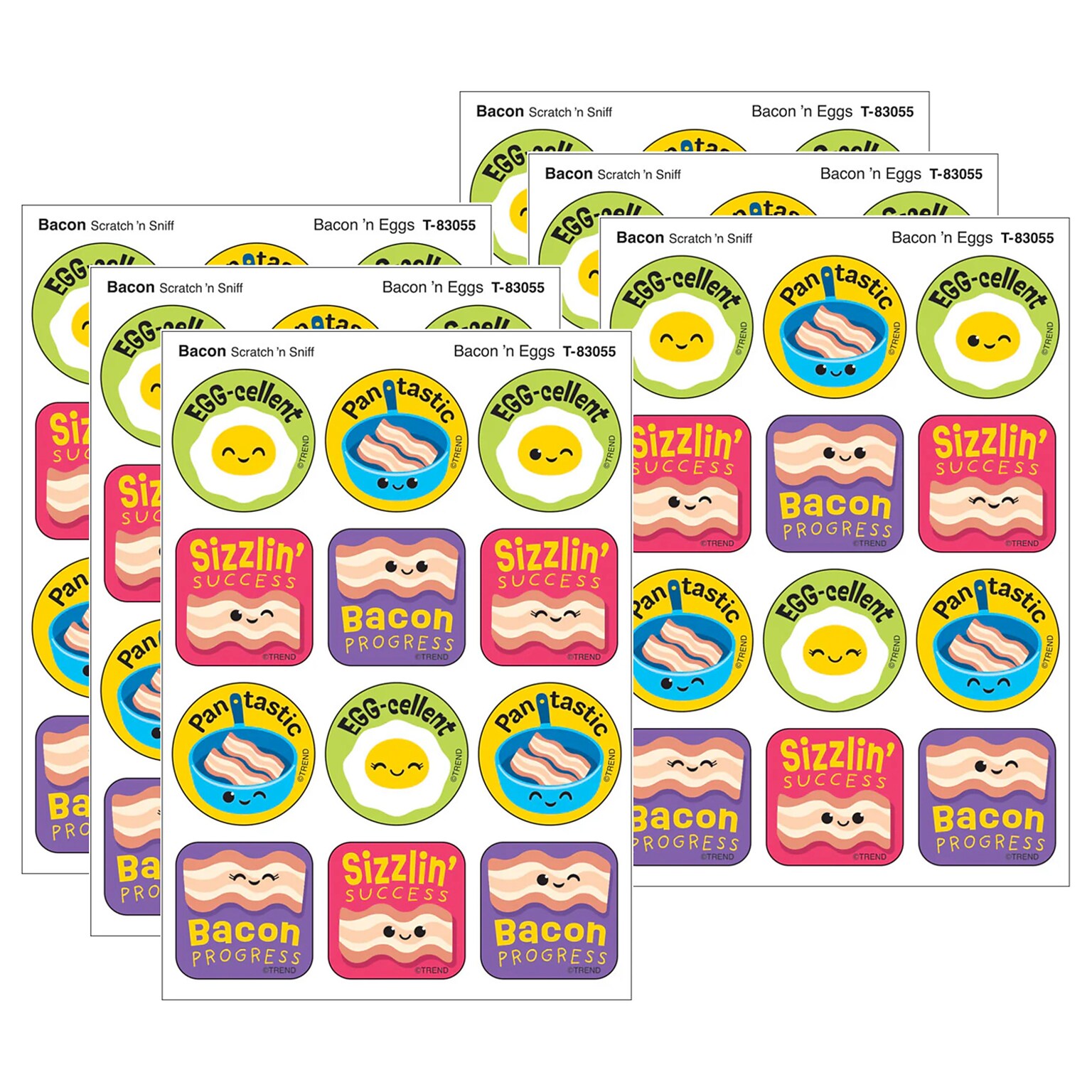 Trend Enterprises Bacon n Eggs Bacon Scent Scratch n Sniff Stinky Stickers, Multicolored, 48/Pack, 6/Packs/Bundle (T-83055-6)
