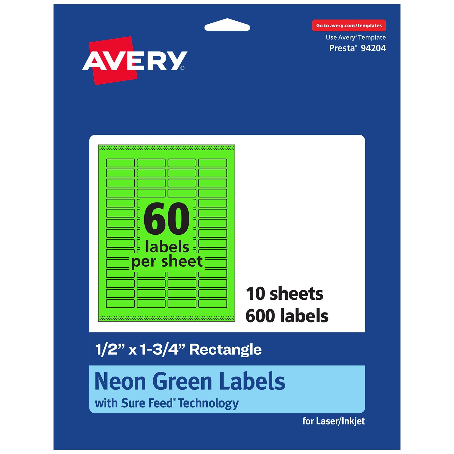 Avery Laser/Inkjet Multipurpose Rectangle Labels, 0.5 x 1.75, Neon Green, 600/Pack (94204)