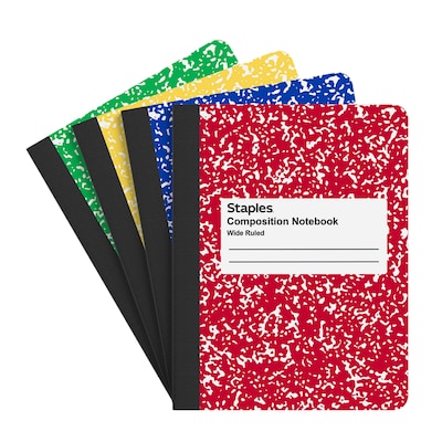 STAPLES Composition Notebook, 7.5” x 9.75”, Wide Ruled, 100 Sheets, Assorted Colors, 4-Pack