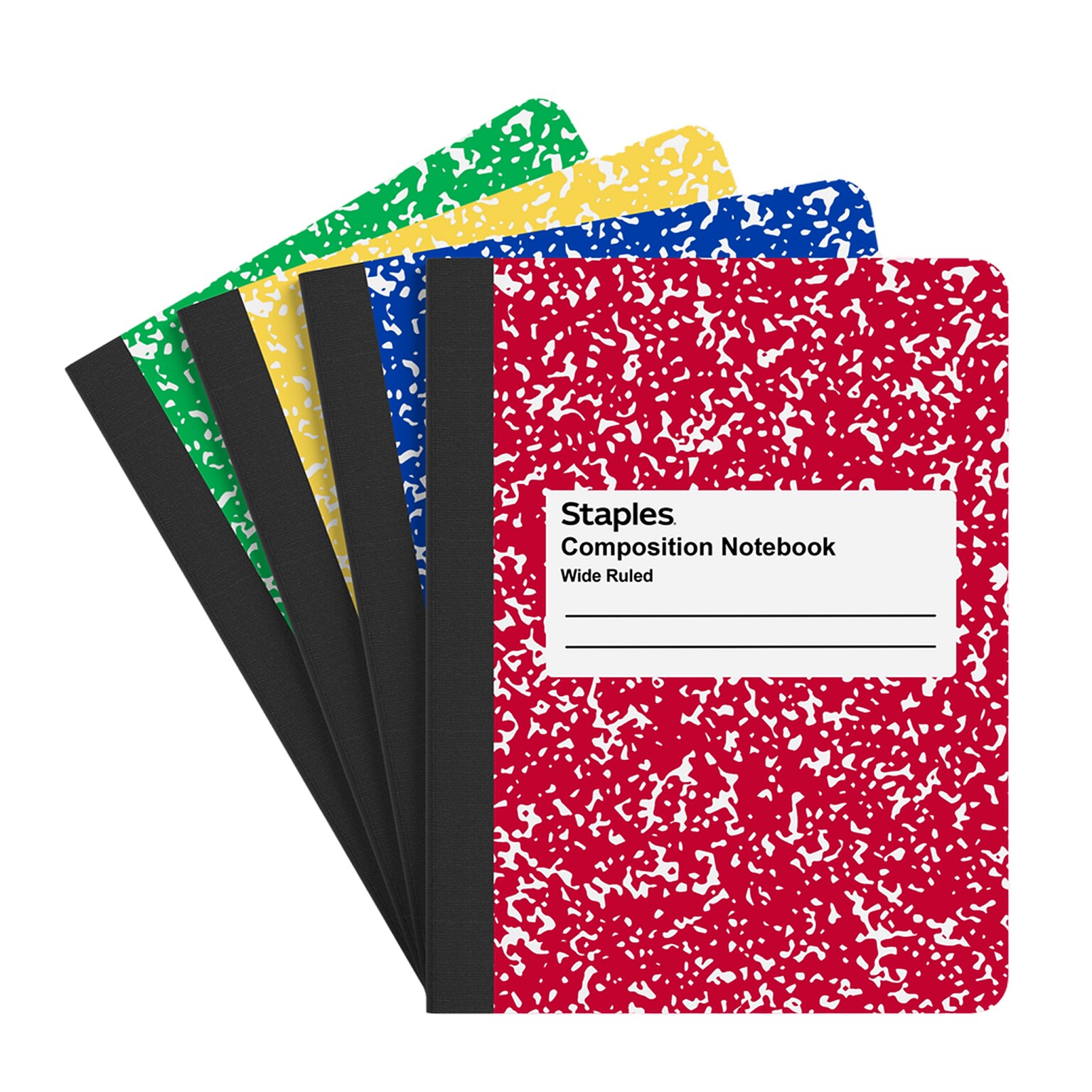 STAPLES Composition Notebook, 7.5” x 9.75”, Wide Ruled, 100 Sheets, Assorted Colors, 4-Pack