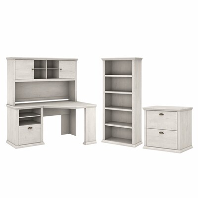 Bush Furniture Yorktown 60 Corner Desk with Hutch, Lateral File Cabinet and 5-Shelf Bookcase, Linen White Oak (YRK002LW)