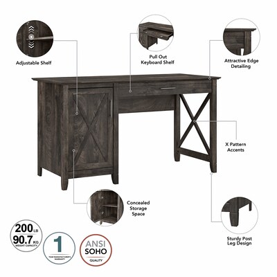 Bush Furniture Key West 54"W Writing Desk with File Cabinet and 5-Shelf Bookcase, Dark Gray Hickory (KWS004GH)