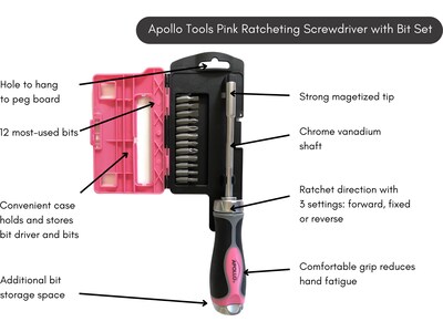 Apollo Tools 13-in-1 Ratcheting Screwdriver with Bit Set, Pink/Black (DT5021P)