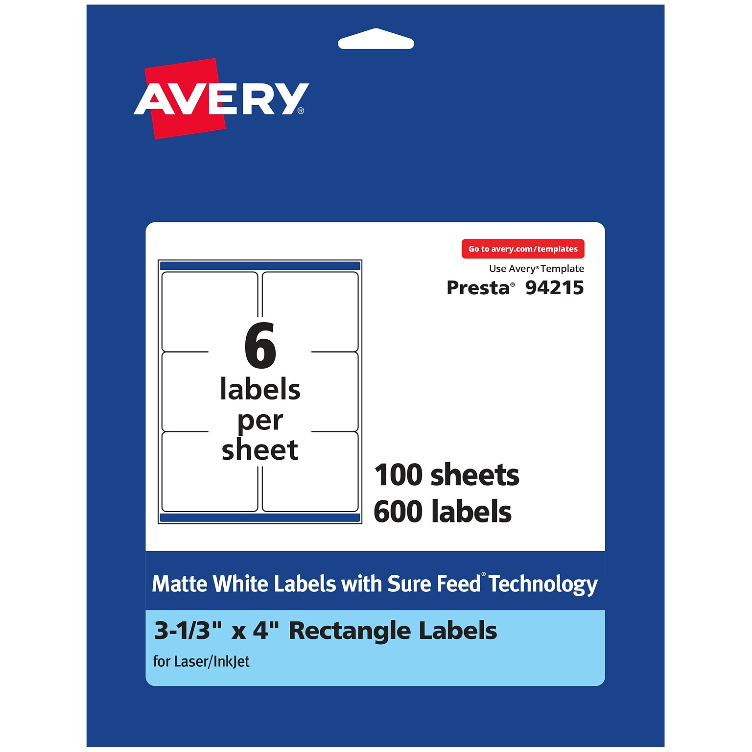 Avery Laser/Inkjet Rectangle Multipurpose Labels, 3.33 x 4, Matte White, 600 Labels/Box (94215)