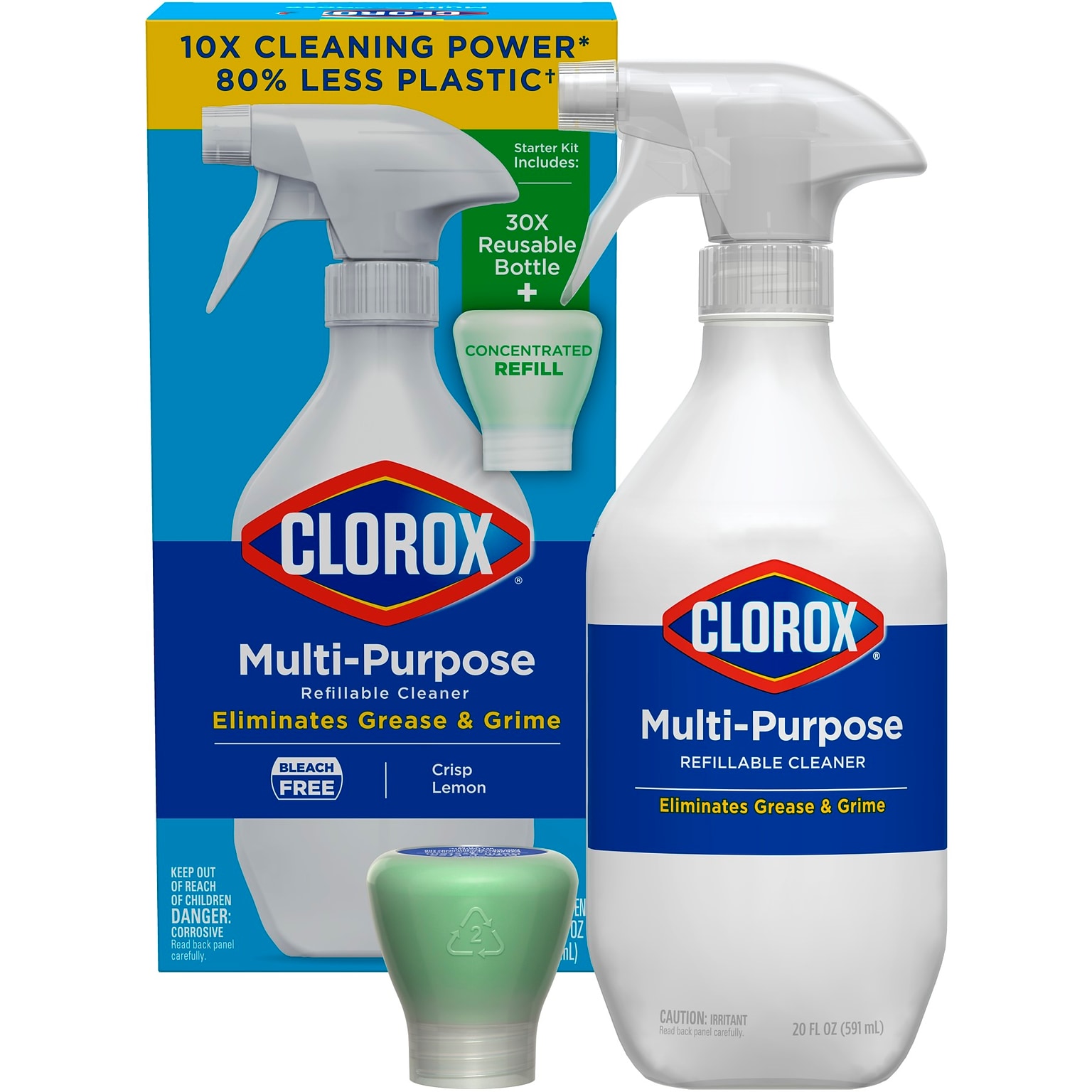 Clorox Multi-Purpose Cleaning Spray System Starter Kit, 1 Spray Bottle and 1 Refill, Crisp Lemon, 1.13 fl. oz. (60160)