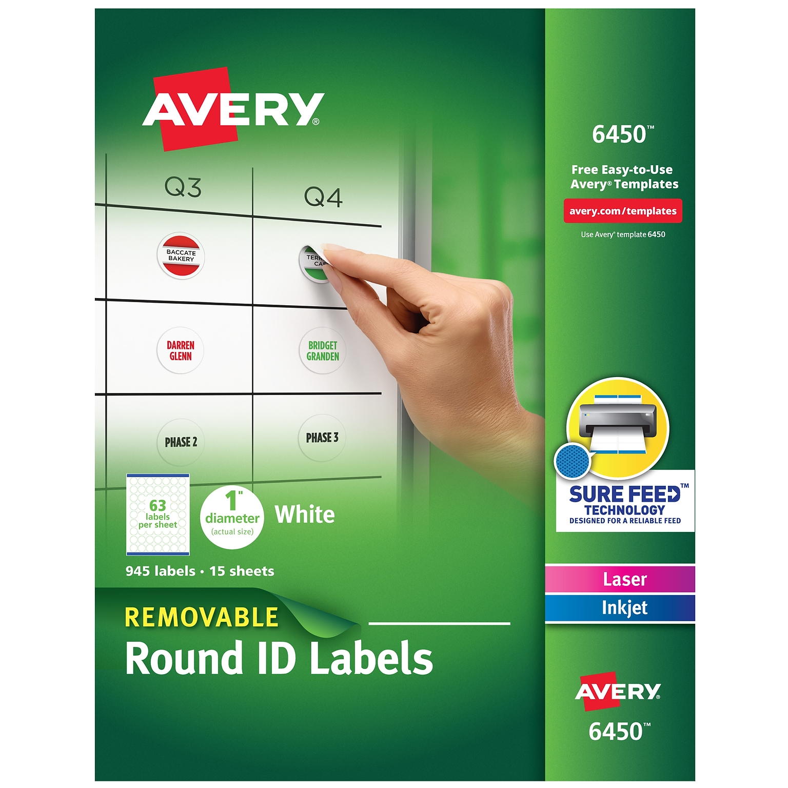 Avery Removable Laser/Inkjet Identification Labels, 1 Dia., White, 63 Labels/Sheet, 15 Sheets/Pack (6450)