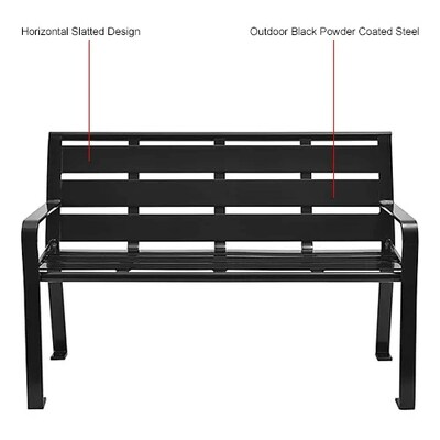 Global Industrial 4' Outdoor Horizontal Steel Slat Park Bench w/ Back, Black (436974BK)