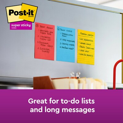 Post-it Super Sticky Notes, 4" x 6", Playful Primaries Collection, Lined, 90 Sheet/Pad, 3 Pads/Pack (6603SSAN)