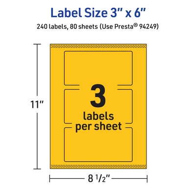 Avery Laser/Inkjet Rectangle Multipurpose Labels, 3" x 6", Bright Yellow, 240/Box (94249)