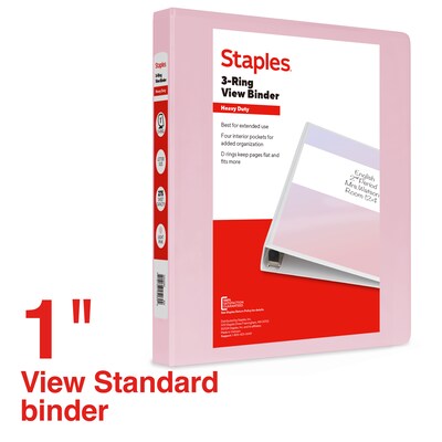 Staples Heavy Duty 1 3-Ring View Binder, D-Ring, Light Pink (ST63089)