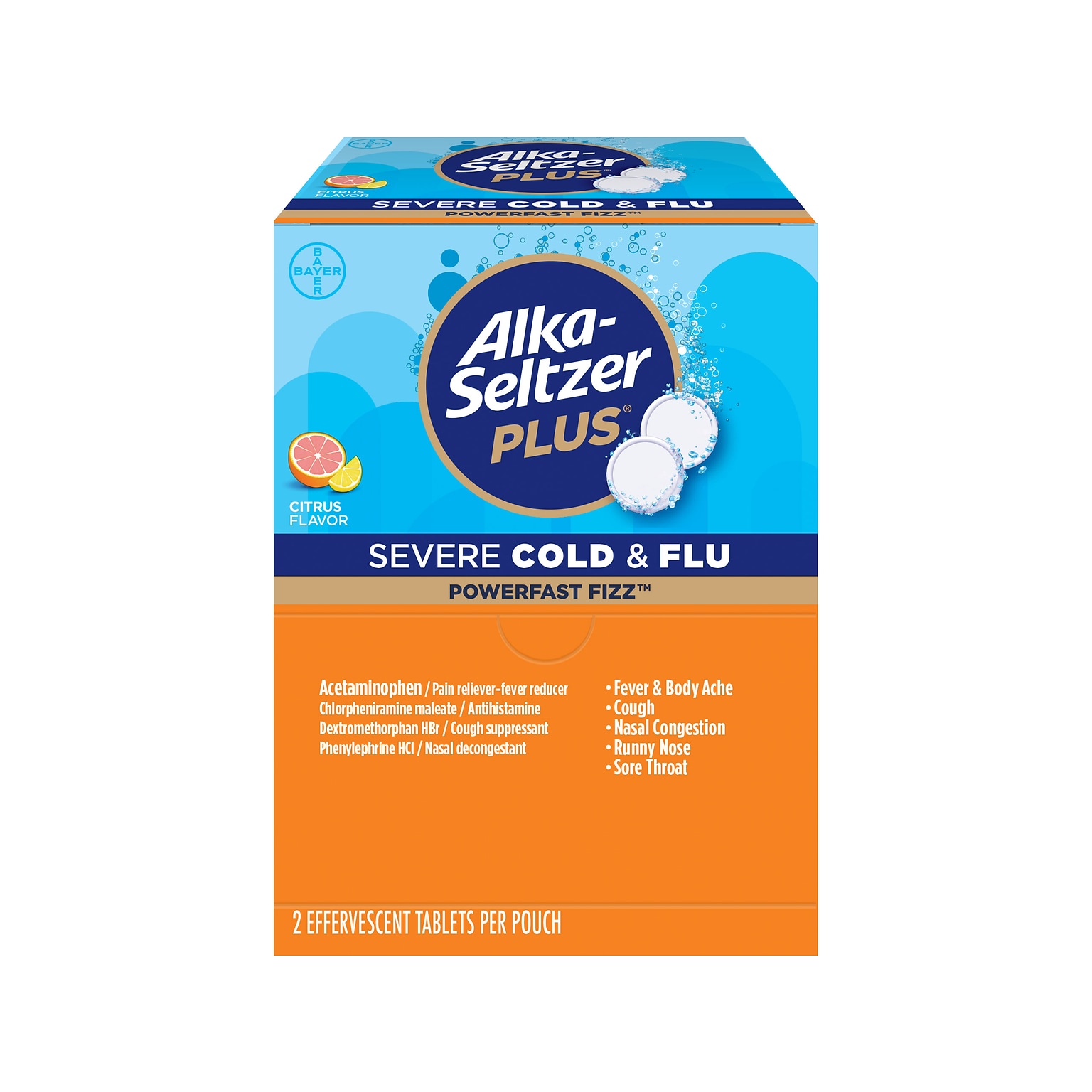 Alka-Seltzer Plus PowerFast Fizz Severe Cold & Flu Effervescent Tablet, Citrus, 2/Pouch, 30 Pouches/Box (97319)
