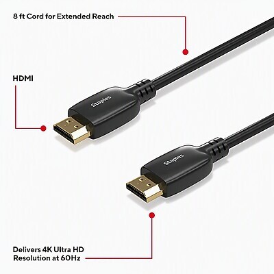 Staples TECH HDMI Cable – 8 ft. High-Speed Male-to-Male Audio/Video Cable for TVs, Monitors, Laptops & Projectors, Black