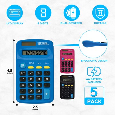 Better Office Products Pocket Size Mini Calculators, Dual Power Included AA Battery, Assorted Colors