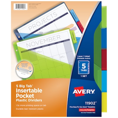 Avery Big Tab Insertable Plastic Dividers with Pocket, 5 Tabs, Multicolor (11902)