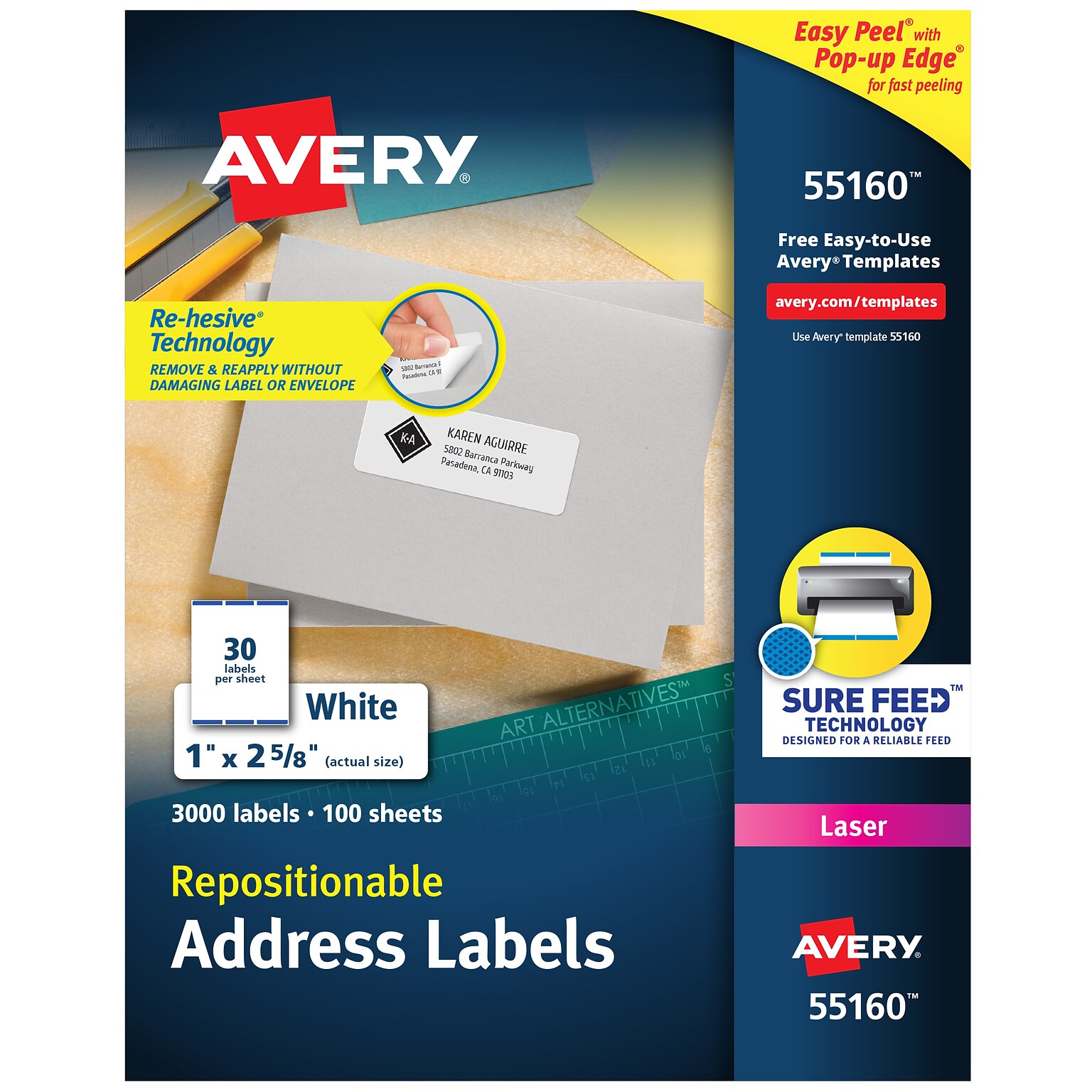 Avery Repositionable Laser Address Labels, 1 x 2-5/8, White, 3,000 Labels/Box (55160)