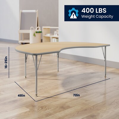 Flash Furniture Wren Kidney Activity Table, 72" x 48", Height Adjustable, Light Natural Top/Silver Frame (XUA4872KDLNTP)