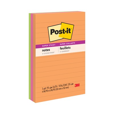Post-it Super Sticky Notes, 4 x 6, Energy Boost Collection, Lined, 90 Sheet/Pad, 3 Pads/Pack (6603