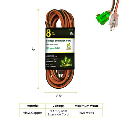 GoGreen Power 16/3 8 Heavy Duty Extension Cord, Lighted End, Orange (GG-13708)