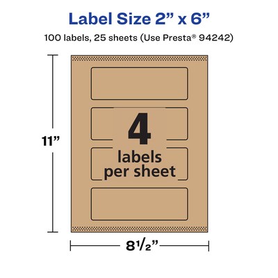 Avery Laser/Inkjet Multipurpose Labels, 6" x ", Kraft Brown, 100/Pack (94242)