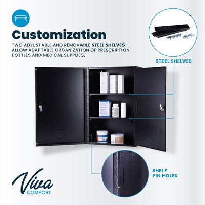 Viva Comfort Large Double Door Medicine Locking Secure Storage Medical Cabinet, 1.7 cu. ft., Black (ADIME999-03-BLK-MK)