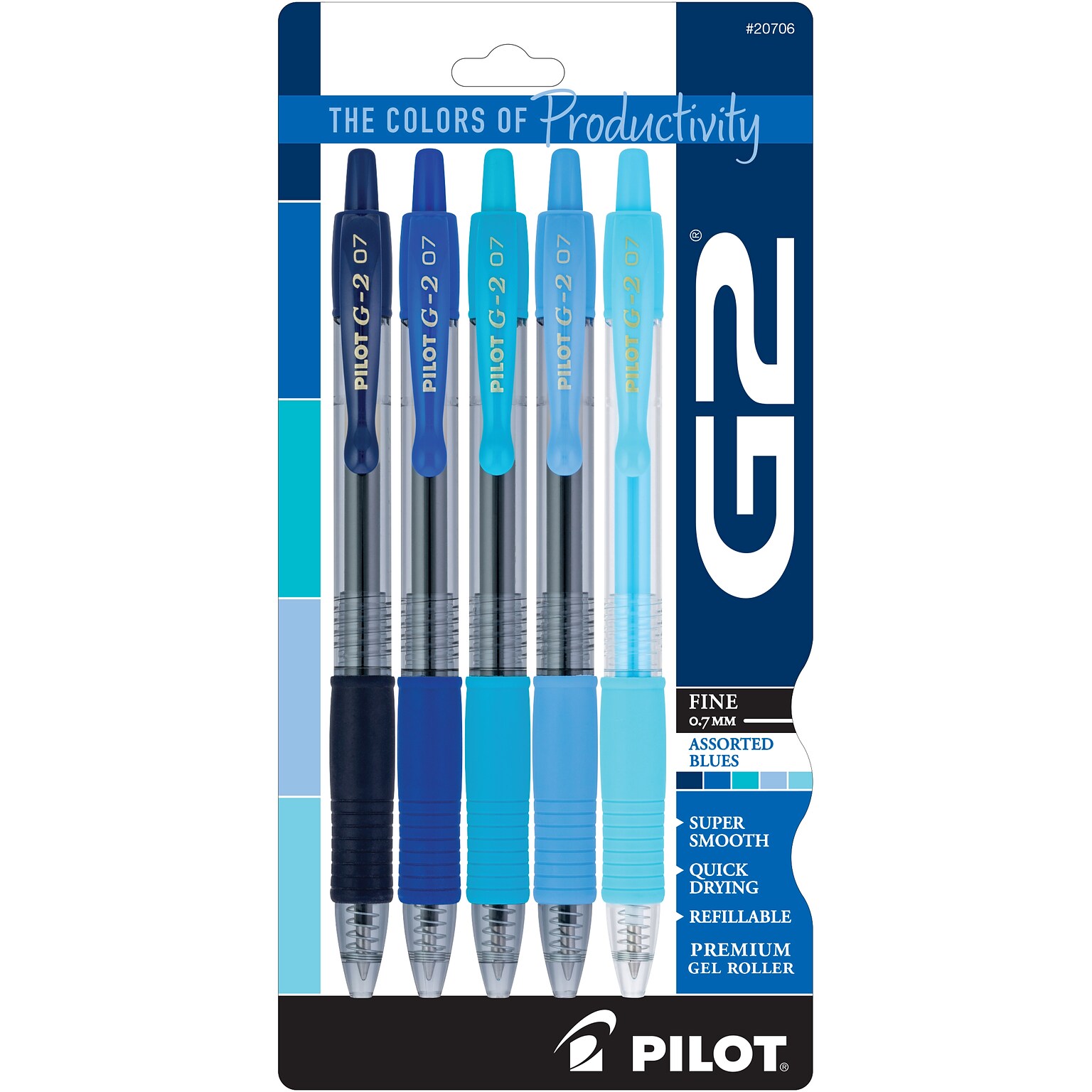 Pilot G2 Blues Retractable Gel Pen, Fine Point, 0.7mm, Assorted Ink, 5/Pack (XPO31001)