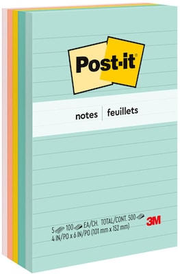 Post-it Sticky Notes, 4 x 6 in., 5 Pads, 100 Sheets/Pad, Lined, The Original Post-it Note, Beachside