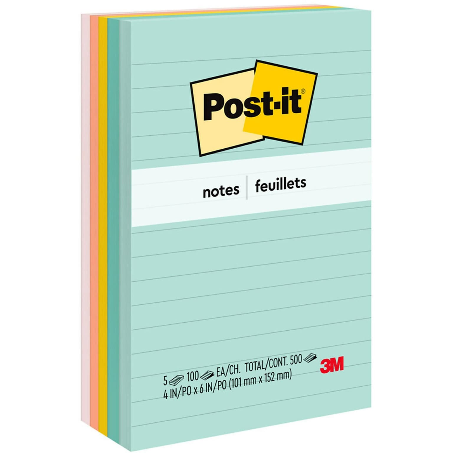 Post-it Notes, 4 x 6, Beachside Café Collection, Lined, 100 Sheet/Pad, 5 Pads/Pack (6605PKAST)