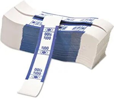 PM Company Currency Straps, White/Blue, $100, 1000/Pk