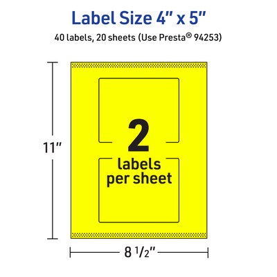 Avery Laser/Inkjet Rectangle Multipurpose Labels, 4" x 5", Neon Yellow, 40/Pack (94253)