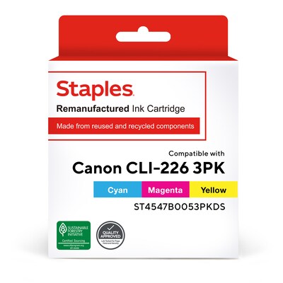 Staples Remanufactured Cyan/Magenta/Yellow Standard Yield Ink Cartridge Replacement for Canon CLI-226 (ST4547B0053PKDS), 3/Pack