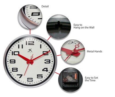 Infinity Instruments Lexington Ave Wall Clock, 15", Silver w/ Red Hands