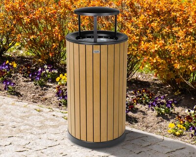 Alpine Industries Steel Outdoor Trash Can with Rain Bonnet Lid, 32 Gallon, Cedar (ALP4400-01-CD-RB)