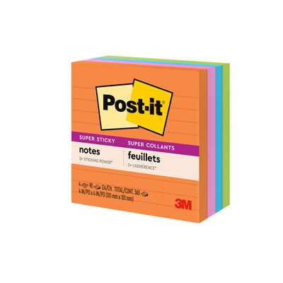 Post-it® Super Sticky Notes, 4" x 4", Energy Boost Collection, Lined, 90 Sheets/Pad, 4 Pads/Pack (675-4SSUC)