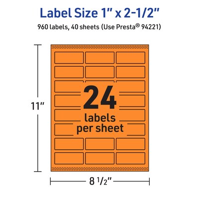 Avery Laser/Inkjet Multipurpose Rectangle Labels, 1" x 2.5", Bright Orange, 960/Pack (94221)
