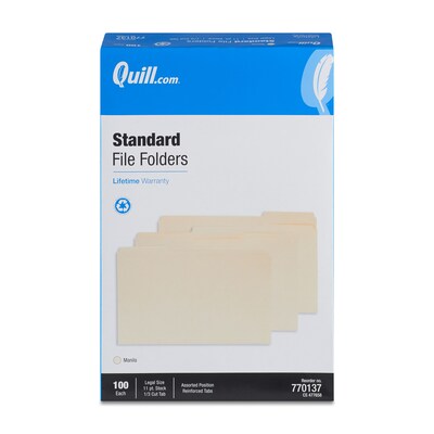 Quill Brand® 2-Ply File Folders, Assorted Tabs, 1/3-Cut, Legal Size, Manila, 100/Box (770137)