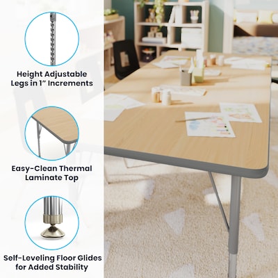 Flash Furniture Wren Rectangular Activity Table, 72" x 30", Height Adjustable, Light Natural Top/Silver Frame (XUA3072RECLNTP)