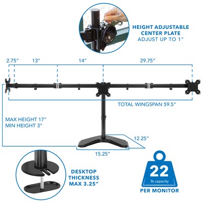 Mount-It! Adjustable Triple Monitor Stand, Up to 32", Black (MI-2789XL)