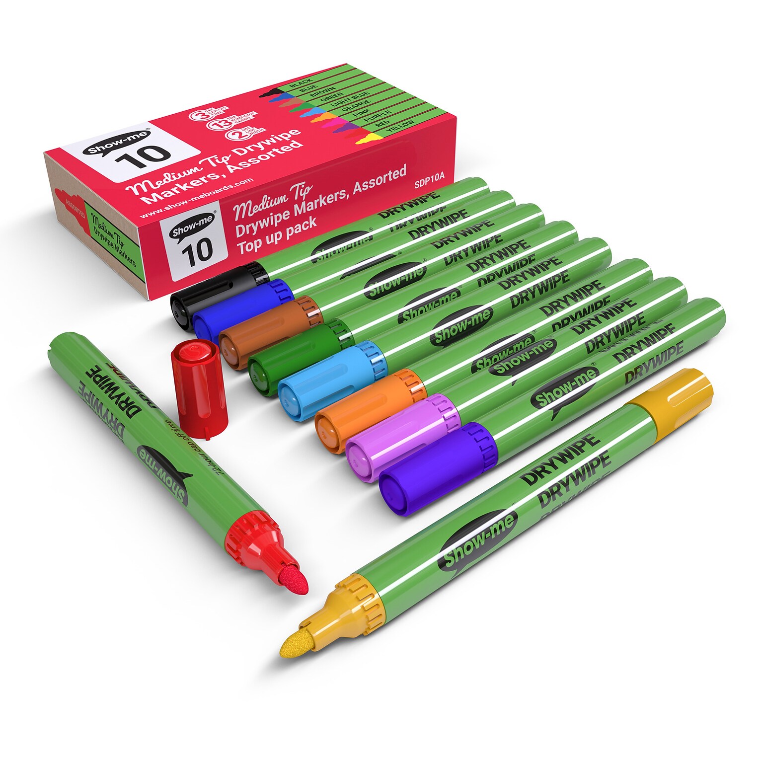 Show-me Slim Barrel Dry Erase Markers, Medium Tip, Assorted Colors, 10/Pack (EPTSDP10A)