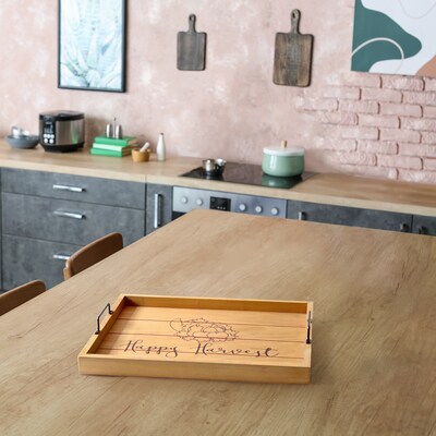 Elegant Designs "Happy Harvest" Decorative Wood Serving Tray w/ Handles, 15.50" x 12", Natural Wood (HG2000-NHH)